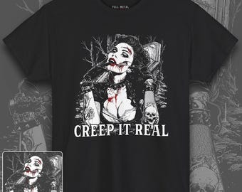 Creep It Real Pinup T-shirt | Uniseks T-shirt | T-shirt met zombie-pinup | Horrorshirt | Gotische mode | Shirt pin-up tattoo | T-shirt gothic meisje