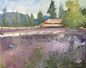 Lavender Field By the Barn Oil Plein Air Painting Original 8x10 Canvas Panel