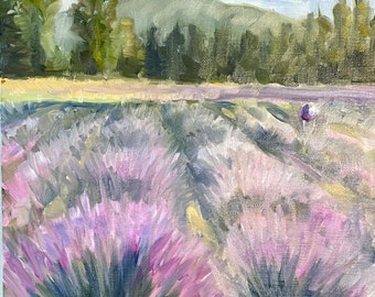 Lavender Field in Bloom-Original Plein Air Oil Painting Fine Art 10x10 Canvas Panel Floater Frame