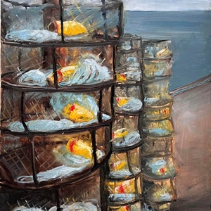 May include: A painting of a stack of round, wire cages with yellow objects inside. The cages are stacked on top of each other and are painted in a realistic style. The background is a blue sky and water.