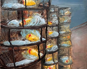 Crab Pots on the Dock -Original Oil Painting Fine Art 16x20 Stretched Canvas