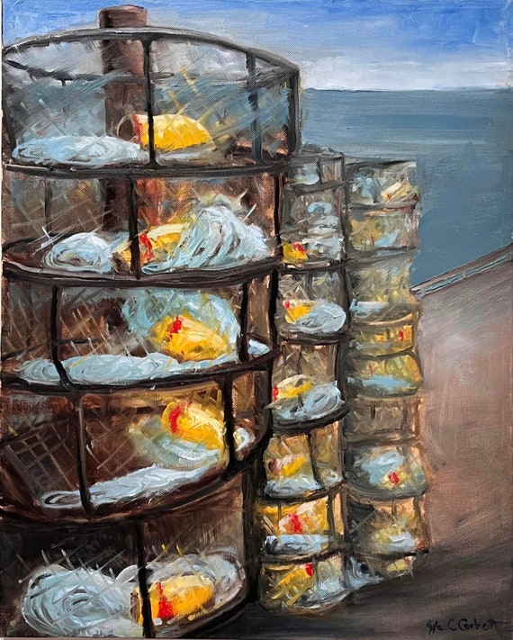 Crab Pots on the Dock -Original Oil Painting Fine Art 16x20 Stretched Canvas