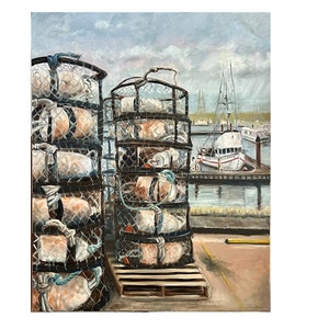 May include: A painting of a harbor scene with stacked crab traps in the foreground and a white boat docked in the background.
