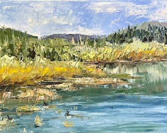 Spring at the Walterville Pond-Original Palette Knife Plein Air Oil Painting Fine Art 10x20 Gallery Wrapped Canvas