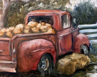Pumpkin Truck Harvest -Original Oil Painting Fine Art 10x10 Canvas Panel