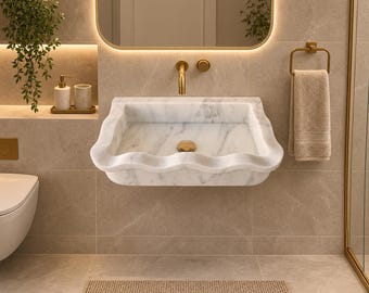 Lavabo de mármol tallado a mano para montaje en pared, tocador de baño, lavabo de mármol blanco de Carrara, lavabo de tocador de baño estriado, lavabo de piedra a medida.
