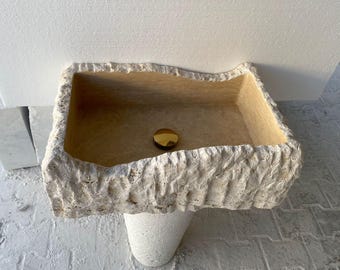 Handmade Beige Travertine Sink: Vein Cut Vessel Sink