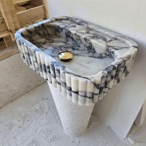 Handmade Calacatta Viola Marble Sink: Grooved Wall-Mounted Bathroom Sink