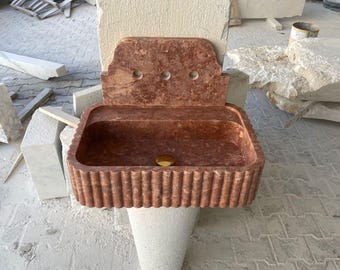 Hand Carved Red Travertine Wall Mounted Sink: Marble Bathroom Vanity