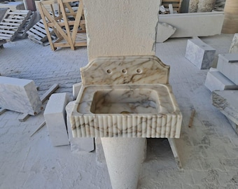 Calacatta Marble Floating Vanity Sink, Wall Mounted with Backsplash