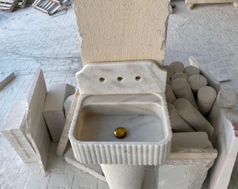Hand Carved Marble Wall Mount Bathroom Sink, Modern Vanity Sink