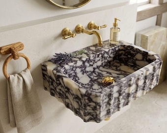 Hand Carved Calacatta Viola Marble Sink: Custom Wall Mount Vanity Basin Luxury Bathroom