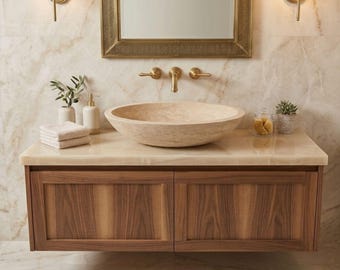 Handcrafted Travertine Stone Vessel ,   Above Counter Bathroom Basin, Farmhouse Style Sink, Natural Stone Decor