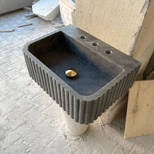 Schwarzer Marmor Waschbecken, 3 Seiten gerippt, Marmor Waschbecken, Badezimmer Marmor Waschbecken, Wand Waschbecken