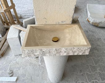 Handmade Vein Cut Travertine Sink, Custom Beige Bathroom Vessel, calacatta viola, carved sinks