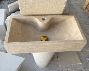 Handmade Vein Cut Travertine Sink: Custom Beige Marble Vessel