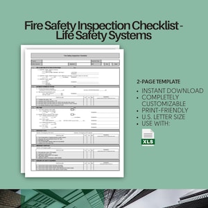 Könnte beinhalten: Eine schwarz-weiße Checklistenvorlage für Brandschutzinspektionen. Die Checkliste trägt den Titel "Fire Safety Inspection Checklist - Life Safety Systems". Die Vorlage ist ein 2-seitiges Dokument und steht zum sofortigen Download bereit. Sie ist vollständig anpassbar, druckfreundlich und im US-amerikanischen Letter-Format. Die Vorlage kann mit Excel verwendet werden.