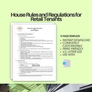 Könnte beinhalten: Eine 9-seitige Vorlage für Hausordnung und -regelungen für Einzelhandelsmieter. Die Vorlage ist vollständig anpassbar, druckfreundlich und im US-Letter-Format. Die Vorlage steht zum sofortigen Download bereit.