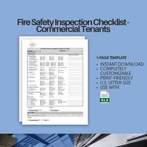 Puede incluir: Una lista de verificación en blanco y negro para inspecciones de seguridad contra incendios para inquilinos comerciales. La lista de verificación se titula "Fire Safety Inspection Checklist - Commercial Tenants". La lista de verificación es una plantilla de una página que se puede descargar instantáneamente, es completamente personalizable, apta para imprimir y tiene el tamaño de una carta estadounidense. Se puede usar con Excel.