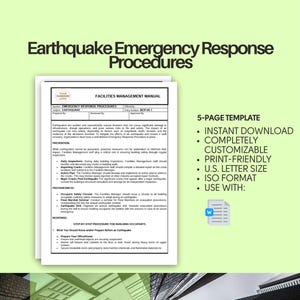Puede incluir: Una plantilla de 5 páginas para un plan de respuesta de emergencia en caso de terremoto. La plantilla es personalizable e incluye un procedimiento paso a paso para los ocupantes del edificio. La plantilla está disponible para descarga instantánea y es apta para imprimir. La plantilla está en tamaño carta de EE. UU. y formato ISO. La plantilla se puede usar con Microsoft Word.
