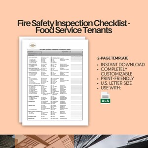 Puede incluir: Una lista de verificación en blanco y negro para inspecciones de seguridad contra incendios en inquilinos de servicios de alimentos. La lista de verificación se titula "Fire Safety Inspection Checklist - Food Service Tenants". La lista de verificación es una plantilla de dos páginas que es imprimible y personalizable. Está disponible para descarga instantánea y se puede usar con Excel.