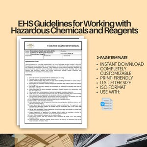 Puede incluir: Una plantilla de dos páginas para las directrices de EHS para trabajar con productos químicos y reactivos peligrosos. La plantilla es imprimible e incluye una lista de verificación de los procedimientos de seguridad. La plantilla está disponible para descarga instantánea y es personalizable.