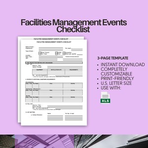 May include: A black and white checklist template for facilities management events. The checklist includes sections for pre-production meetings, installation site requirements, review of additional manpower requirements, pull-out, key matters, and contact persons. The template is designed for use with Microsoft Excel.