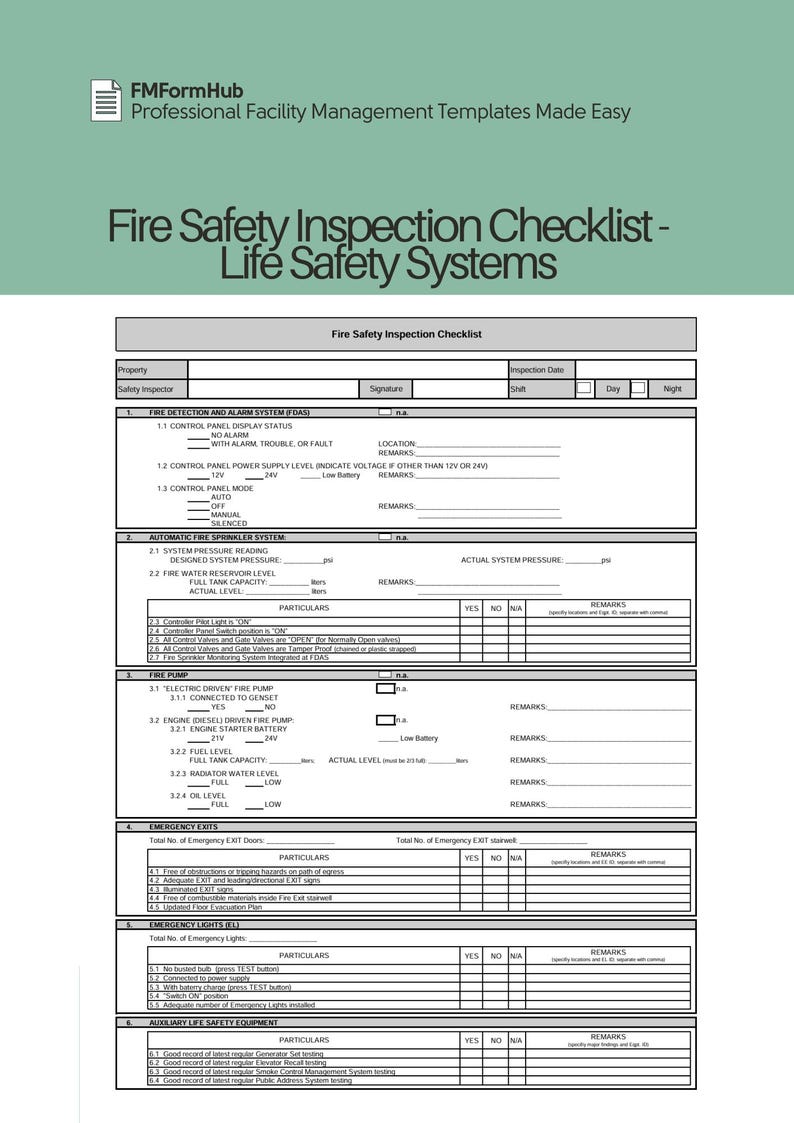 Fire Safety Inspection Checklist Life Safety Systems building Fire and ...