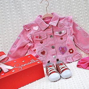 Pretty in Pink Denim Valentine’s Day Jean Jacket for baby girls/Valentine’s Day Outfit/Valentines Day Clothes for Babies