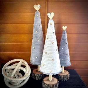 Chunky Yarn Tabletop Trees: Farmhouse Heart Decor, Set of 3