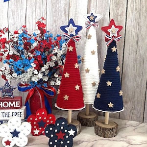 4th of July Patriotic Decor / Large 3 piece set/ Red, White & Blue tabletop tree set / 4th of July, Veterans Day Decorations / USA Decor