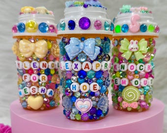 Personalized Bedazzled Rhinestone Charm Pill Bottle | Funny Mental Health Gift | Happy Pills Bottle