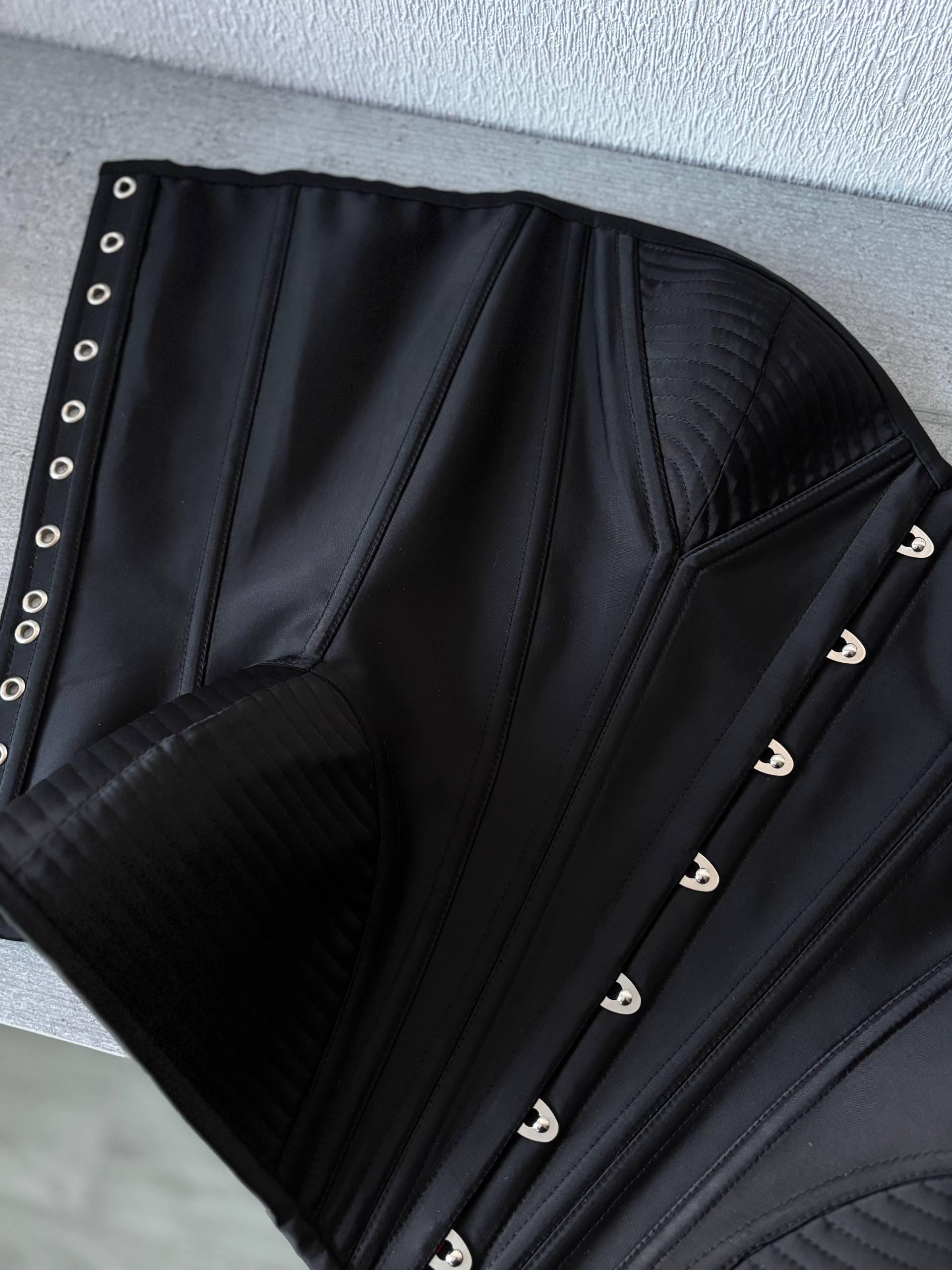 Black Satin Corset With Front Busk Closure and Back Lacing, Curved ...