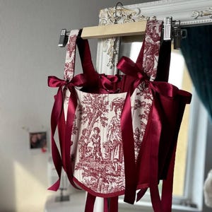 Rococo Romance Corset – Burgundy Toile de Jouy Bodice with Satin Ribbons, Vintage-Inspired Corset Top, Cottagecore Aesthetic