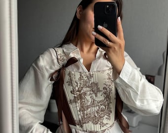 Historical Print Corset Top – Adjustable Satin Ribbons, Brown & Cream Bridgerton-Inspired Corset.Exguisite corset for the festival.