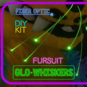 May include: A yellow furry mask with white teeth and glowing green fiber optic whiskers. The text on the image reads FIBER OPTIC DIY KIT FURSUIT GLO-WHISKERS. The mask is surrounded by a bright purple neon border and dark purple foliage.