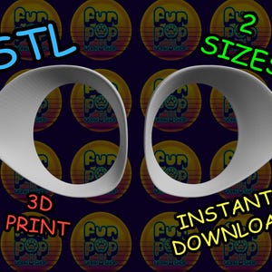 以下が含まれることがあります： 白く抽象的な3Dプリントデザインが2つあり、それぞれが湾曲した楕円形をしています。画像には「.STL」、「2 SIZES」、「3D PRINT」、「INSTANT DOWNLOAD」というテキストが含まれています。背景には、ロゴが入った黄色の円の繰り返しパターンがあります。