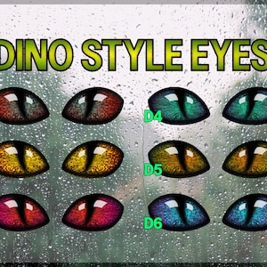 Puede incluir: Imagen que presenta seis pares de ojos de dinosaurio estilizados en varios colores. El texto "DINO STYLE EYES" se muestra en verde. Los colores de los ojos incluyen rojo, verde azulado, amarillo, naranja y azul, cada uno con una pupila negra. Los ojos est&aacute;n etiquetados D1 a D6.