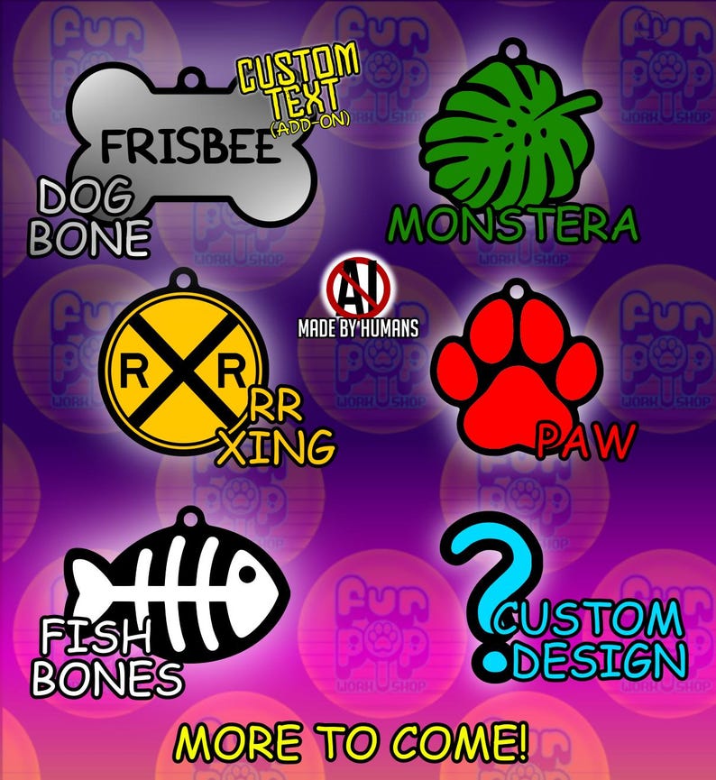 May include: A collection of six pet ID tags featuring various shapes and designs: a silver dog bone, a green monstera leaf, a yellow railroad crossing sign, a red paw print, a black fish skeleton, and a blue question mark with custom design text.