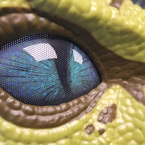 Puede incluir: Primer plano de un ojo de reptil con iris azul y negro. El ojo est&aacute; en una piel texturizada, amarillo-verdosa con acentos marrones. El ojo tiene un patr&oacute;n similar a una malla.