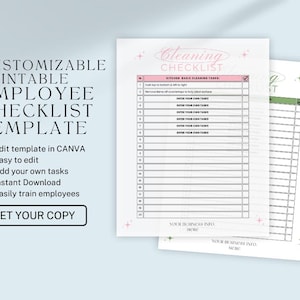 May include: A customizable printable employee checklist template with the text "Cleaning Checklist". The checklist includes sections for basic cleaning tasks and customizable fields. The template is easy to edit in Canva, allowing users to add their own tasks and train employees.