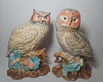 Vintage-style Set Of 2 Ceramic Owls 8"