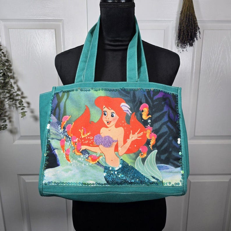 Vintage Disney The Little Mermaid Ariel Canvas Tote Bag Bookbag Sequins Beaded image 1