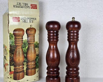 Vintage MCM 10 Inch Wood Salt & Pepper Set Unused NIB