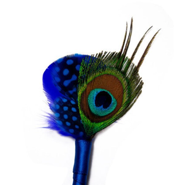 Boutonniere with peacock and deep blue feathers - Cruiseville