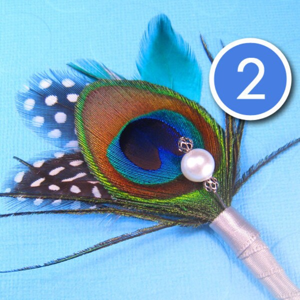 Boutonniere, 2 - peacock feather wedding - bridal party accessory for men or women