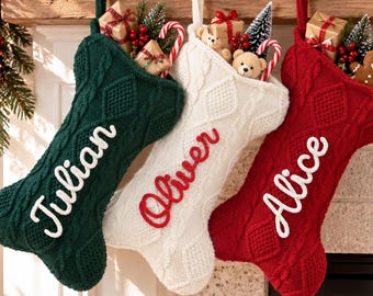 Christmas Stocking for Family and Pets, Cable Knit Dog Bone Stocking, Knitted Holiday Mantel Decor, Red Green White Gray Fireplace Stocking