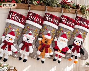 Personalized Christmas Stocking, Custom Embroidered Name Stocking, Handmade Holiday Stocking with Cute Characters, Family Mantel Decor Gift