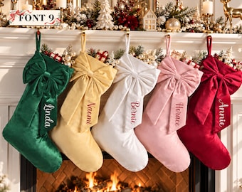 Personalized Christmas Stocking with Name, Velvet Bow Stocking, Custom Embroidered Holiday Stocking, Family Christmas Mantel Decor