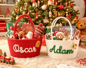 Custom Christmas Rope Basket with Name, Reusable Holiday Toy Storage Basket for Kids